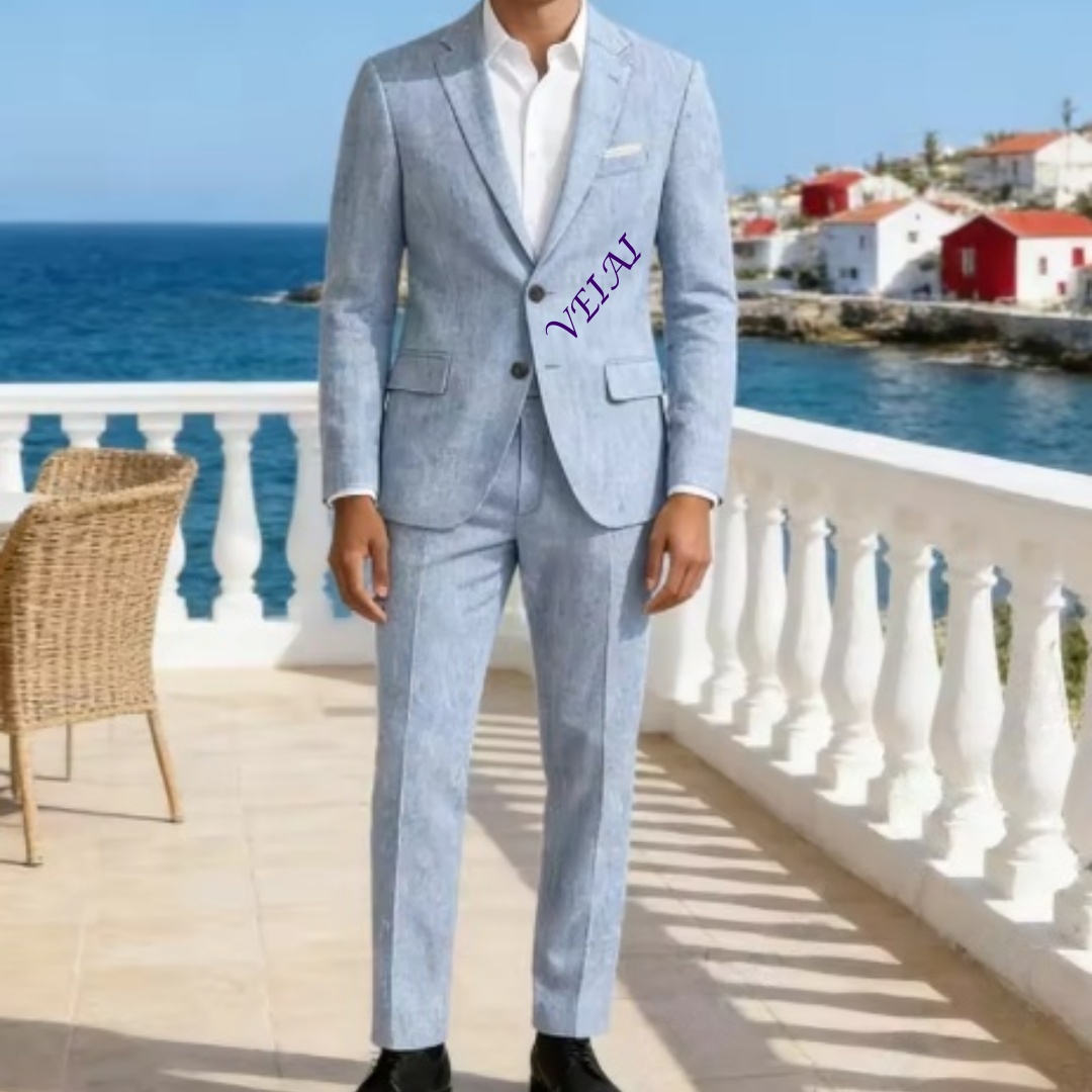 Traje de Lino Azul Cielo Suave - Men'S Formal Beach Wear reseña y precio