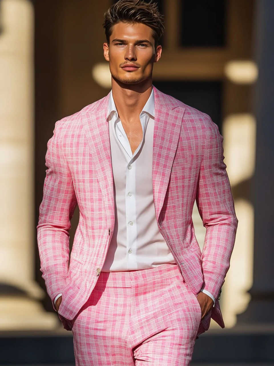 Esmoquin de cuadros rosas de v - Men Formal Wear Summer reseña y precio